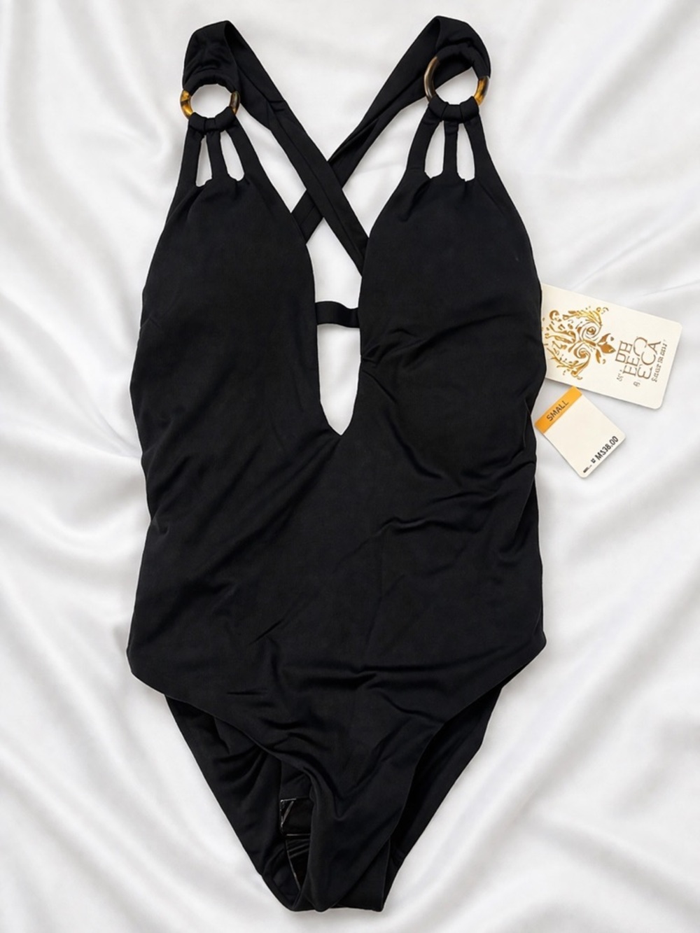 Becca Black Ring Cutout Plunge One Piece Swimsuit NWT Size S Open Back